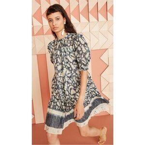 Ulla Johnson Dhalia Indigo Batik Dress Puff Sleeve Silk Size 8 Metallic Mock